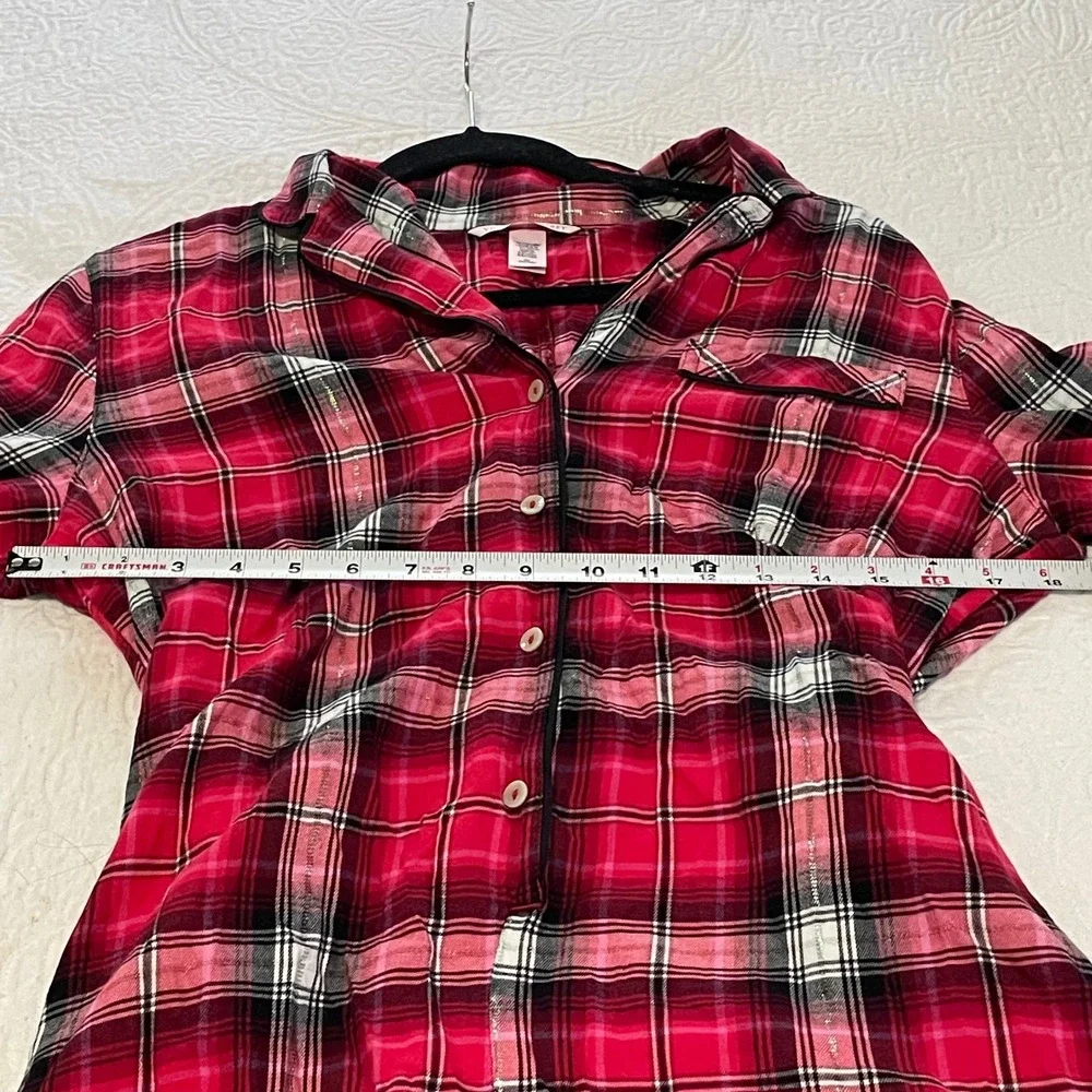 Victoria's Secret Plaid Flannel Pajama Romper Tie Red Black Pink Silver Size M - Picture 7 of 12